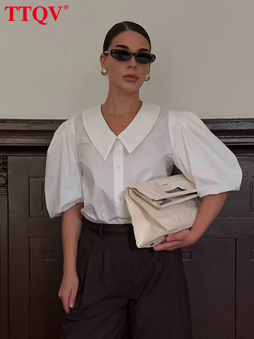 

TTQV Summer Loose White Cotton Women's Shirt 2026 Fashion Lapel Short Sleeve Blouse Elegant Classic Crop Top Female Clothing
