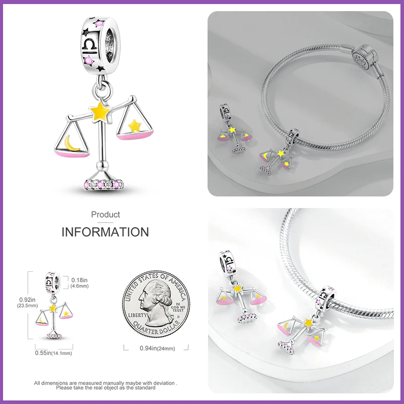 925 Sterling Silver Leo Libra Twelve Constellation Glow In The Dark Charms Pendants Fit Qikaola Original Bracelets DIY Jewelry