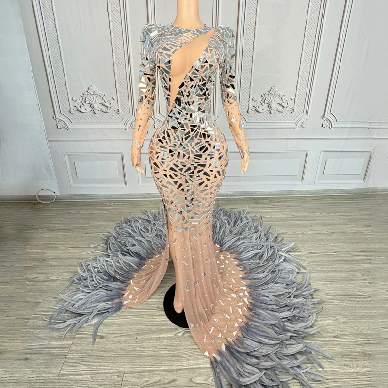 

High-End Wedding Gown Women Celebrate Mirrors Feather Tailed Dress Evening Dresses Stage Catwalk Outfit Jazz Costume XS9695