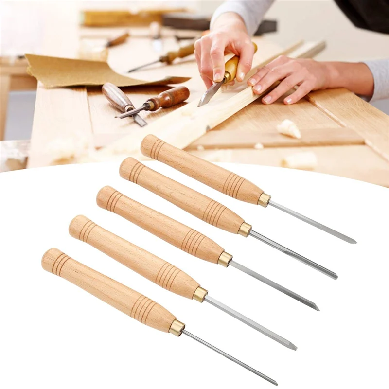 AB47-Juego de torno de herramientas para carpintería, herramientas de torneado de madera, juego de cinceles de torno, juego de 5 piezas para mangos de madera dura, acero de alta velocidad