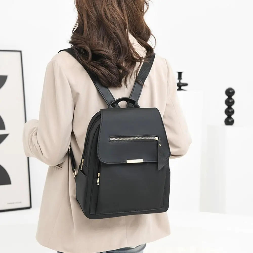 Multifunctional Solid Color Black Backpack Waterproof Nylon Lightweight Student Bookbag Large Capacity Travel Bag Ladies