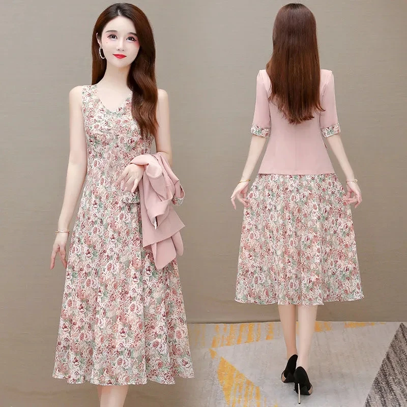 Summer Casual Floral Dress Suits Women 2 Piece Set Korean Thin Half Sleeve Blazer Jacket + Sleeveless Chiffon Tank Dress Outfits