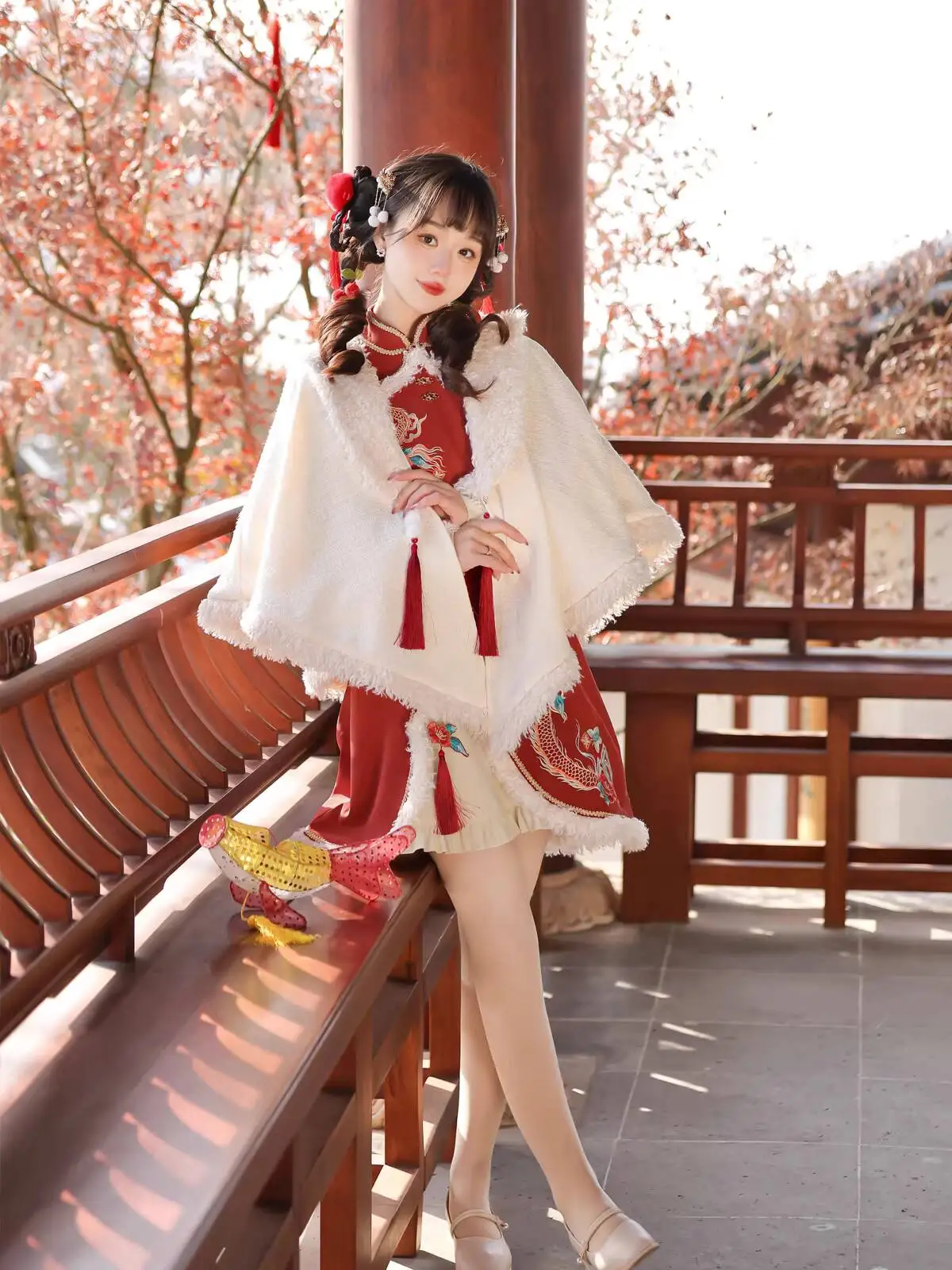

Girl's Neverland Camellia Spring Han Element Chinese Style Lolita New Year Greeting Sweet Dress Shawl Set