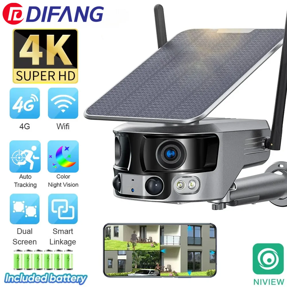 4K WIFI IP Camera 180° Ultra Wide View Angle Outdoor 4G Solar Security Camera 4X Zoom Dual Lens PIR Human Detection Surveillance