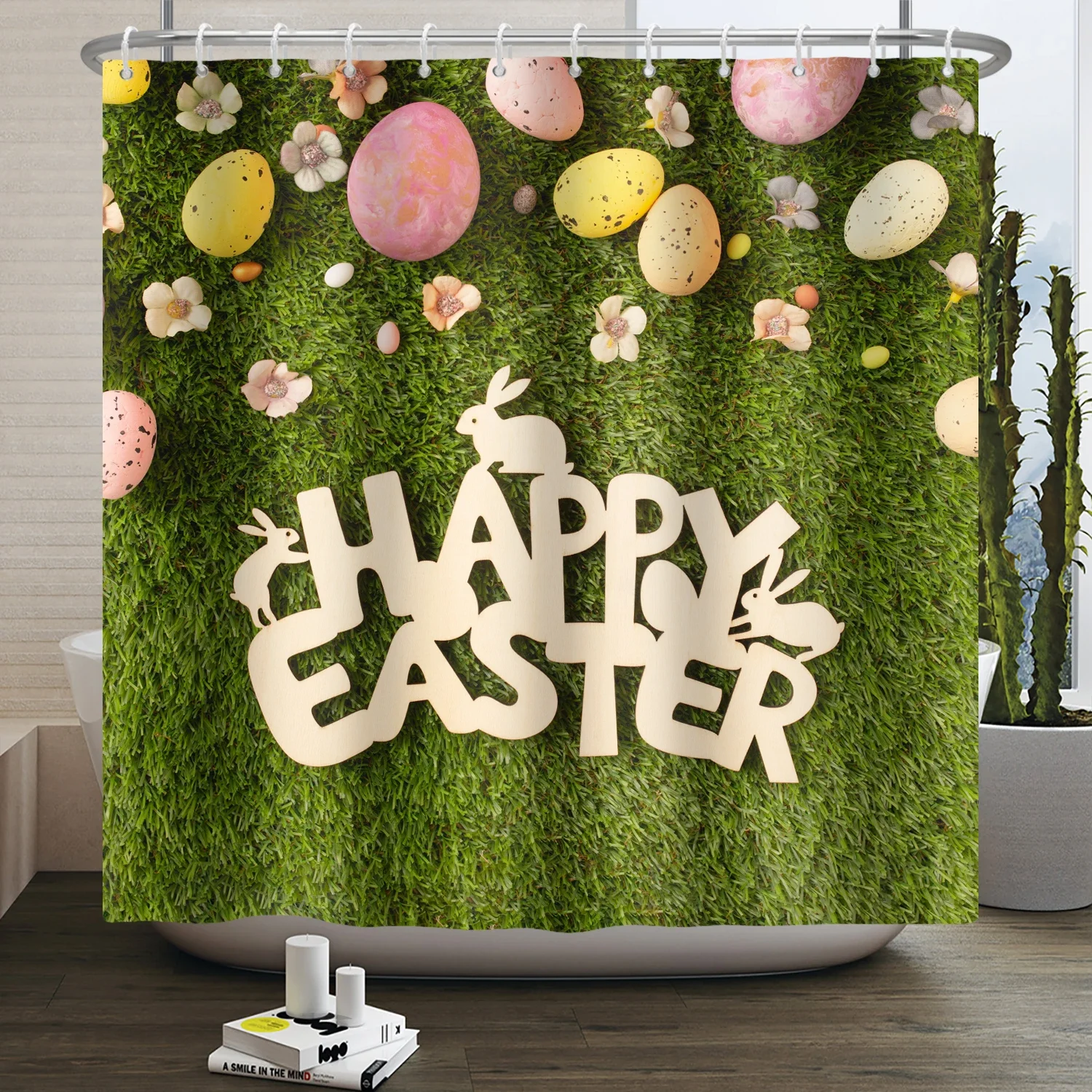 Spring Easter Shower Curtain Happy Rabbit Bunny Eggs Flower Garden Floral Holiday Waterproof Bathroom Shower Curtain With Hooks