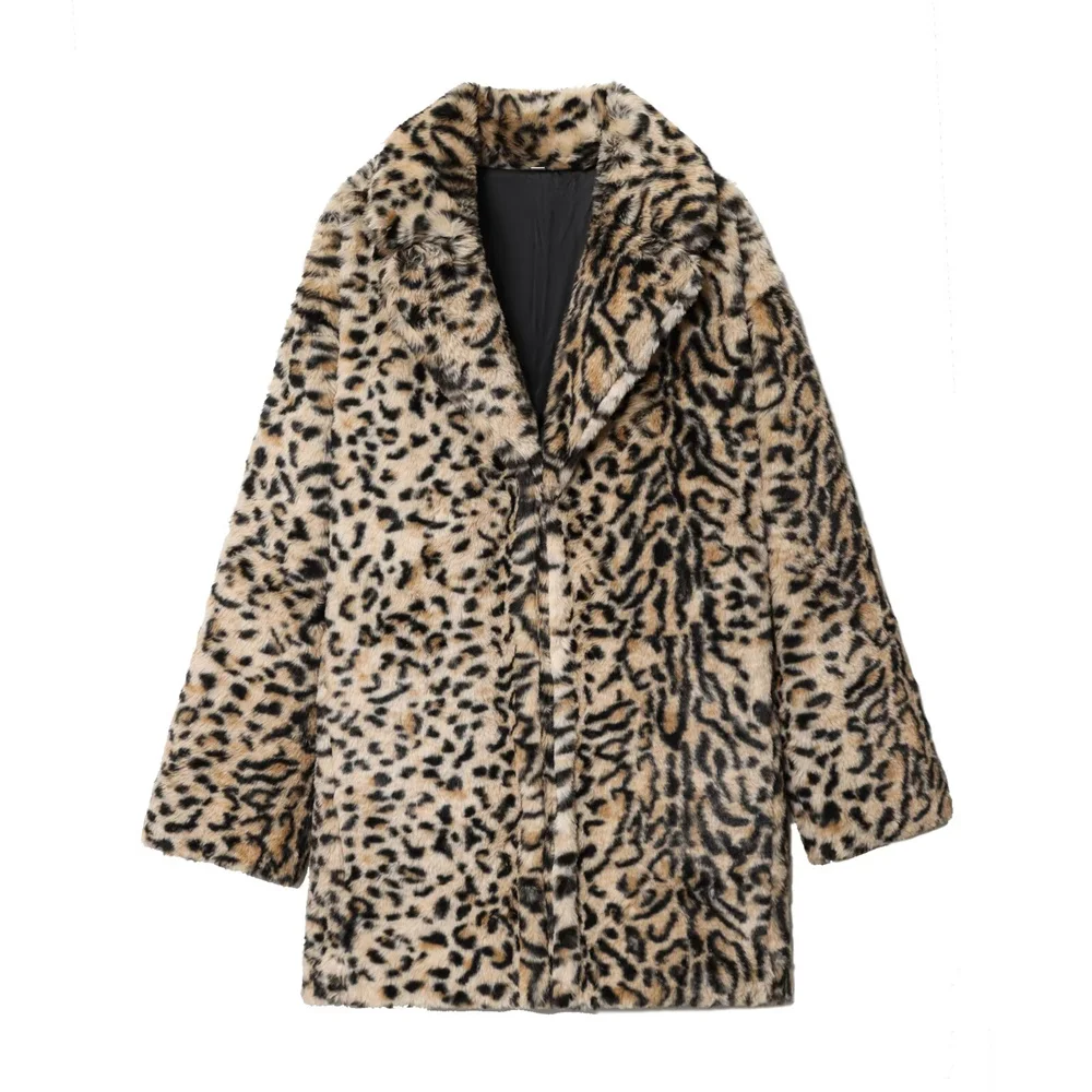 

Autumn and winter new women's casual temperament lapel long sleeved animal print faux fur effect coat jacket