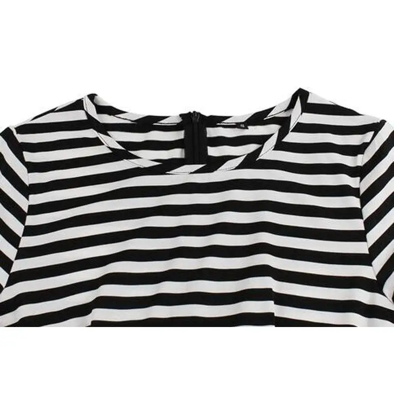 فستان عتيق بأكمام قصيرة أسود أبيض مخطط علوي س الرقبة سستة الظهر تي شيرت فساتين ألف خط الأحمر تقسم هيم ميدي التنانير غير رسمية