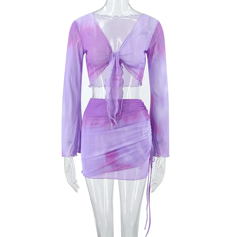 Mode col en v manches évasées cravate colorant hauts Mini jupe costume femmes maille t-shirts à lacets jupes nouvel été femme 2 pièces ensemble tenues