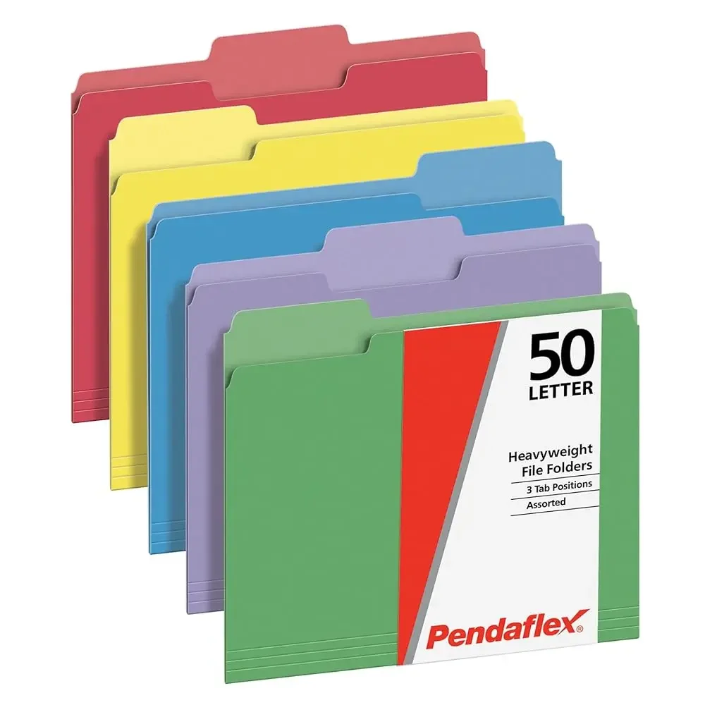 

Heavy Duty File Folders, 50 Pack, Letter Size (8.5\ x 11\), 3 Tabs, Extra Durable Paper, 5 Assorted Colors, Color-Coding for