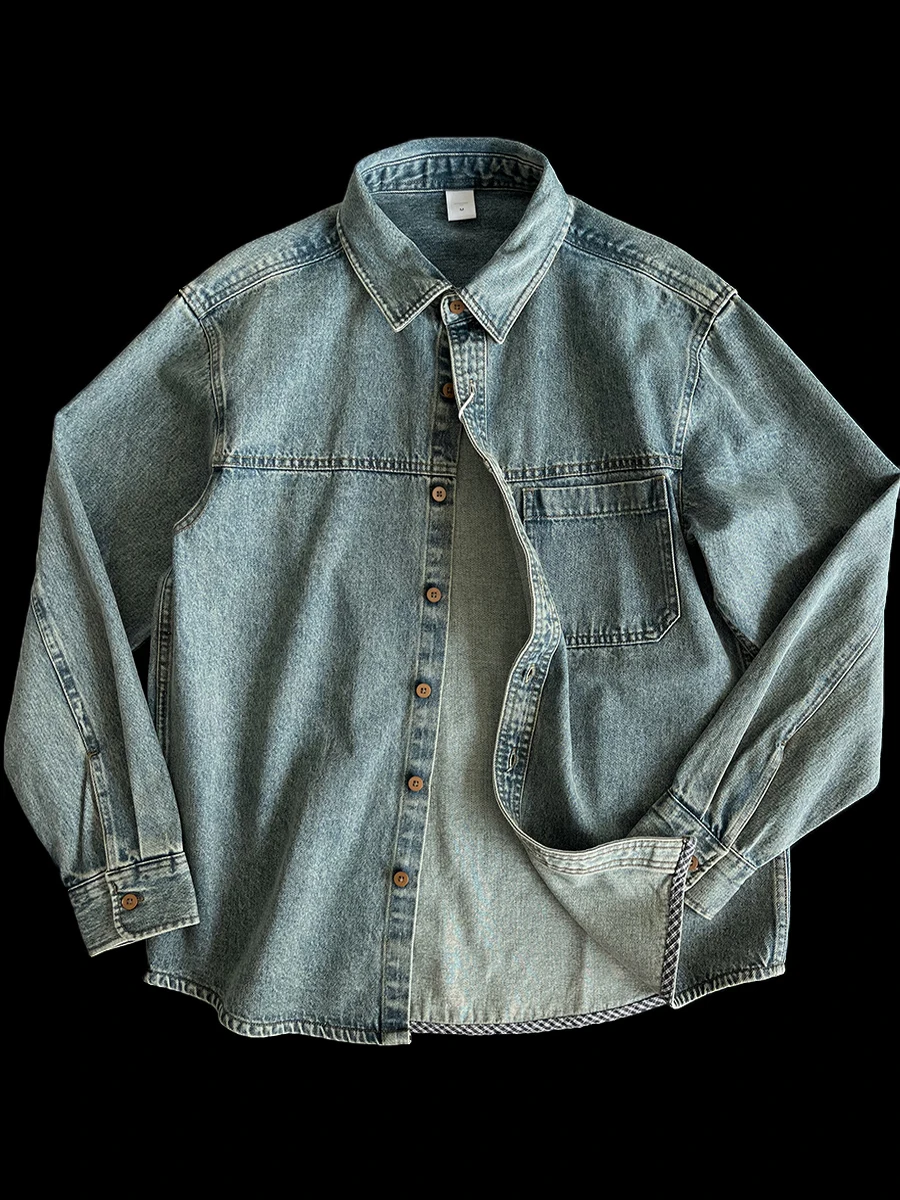 

Retro Waed Patchwork Loose Fit Denim irt Unique Blue Dye American Sle Workwear irt Khaki Outerwear Spring Autumn