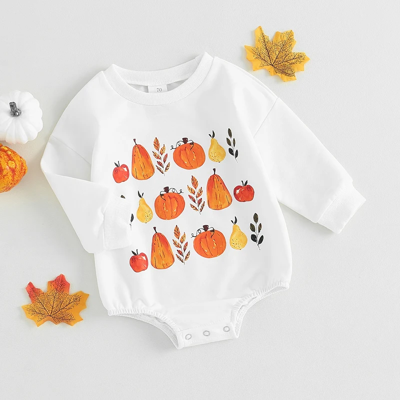 

Infant Halloween Costume Jumpsuit with Ghost Print Long Sleeve Romper Newborn Pumpkin Leaf Bodysuit Fall Outfit for Baby