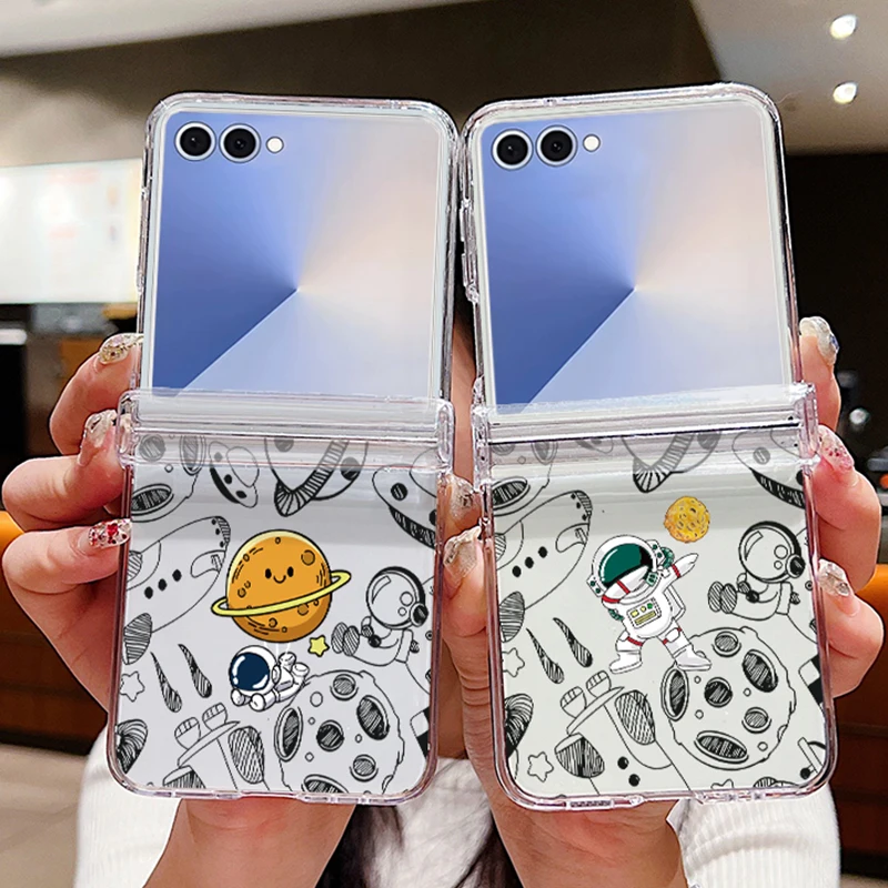 Mond Astronauten Muster Telefon Fall Für Samsung Galaxy Z Flip 7 6 5 4 3 5G Falten klar Harte PC Abdeckung Für Samsung Z Flip5 Flip6