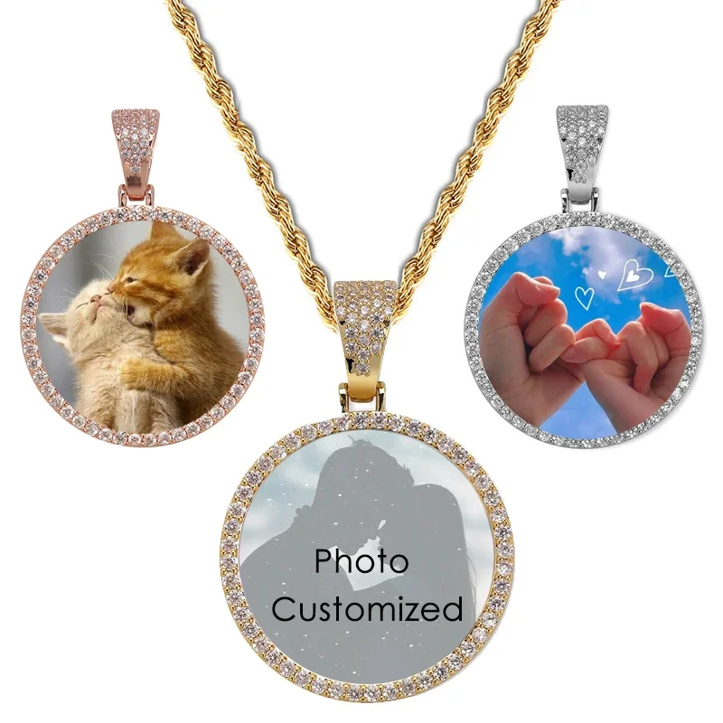 

Necklace Custom Photo Round Pendant For Women Men Iced Out CZ Stainless Steel Rope Chain Couple Family Memory Gifts Jewelry