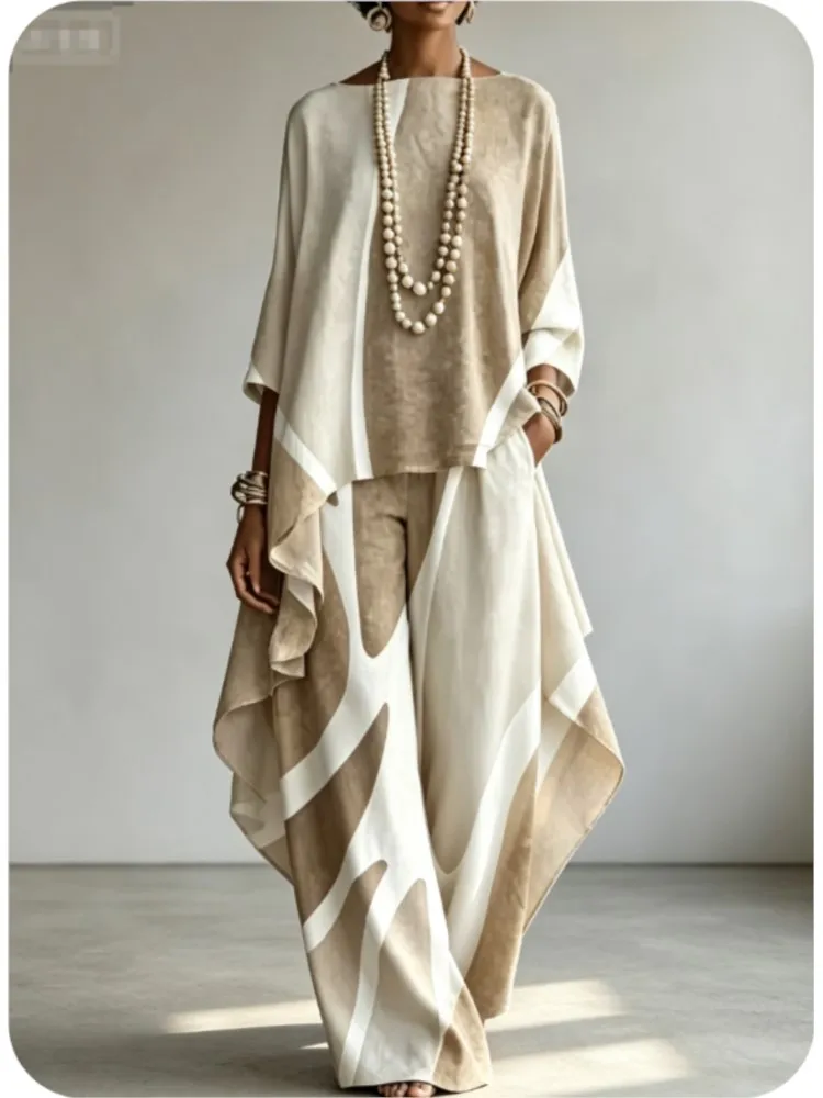 Damen 2-Teiliges Outfit-Set: Bedrucktes Oberteil & Weite Hose, Lässiger Boho-Stil, Passender Anzug, Herbstmode, Elegante Sets, Neu