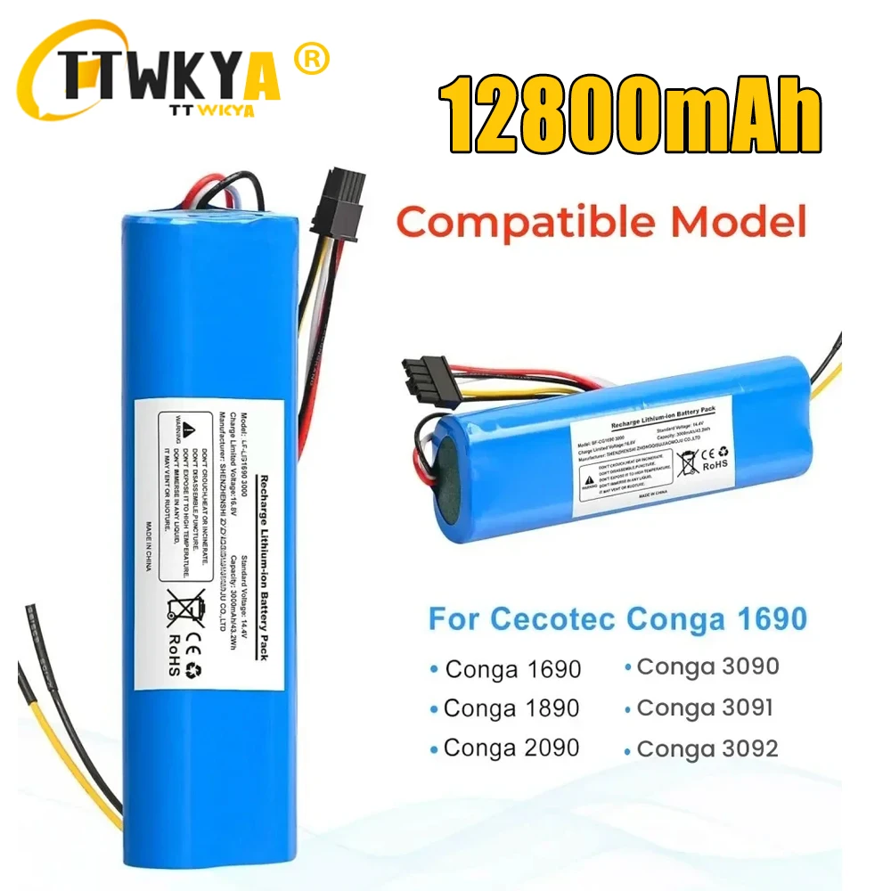 CECOTEC 12800mAh Li ion Battery for CONGA 3090 3091 3092 1690 1890 2090 Robot Vacuum Cleaner Replacement Accessories 14.4 Volt