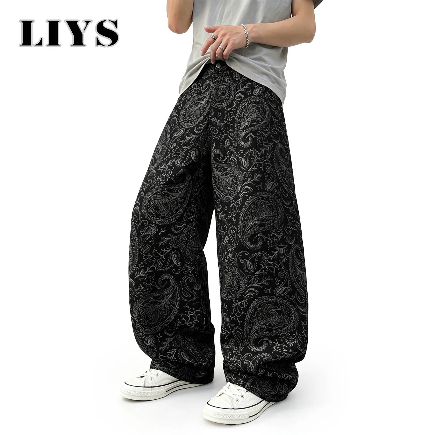 Jeans LIYS para Hombre, Marca Americana de Moda, Estampado Completo de Flores de Anacardo Oscuro, Corte Holgado, Estilo Urbano, Casual