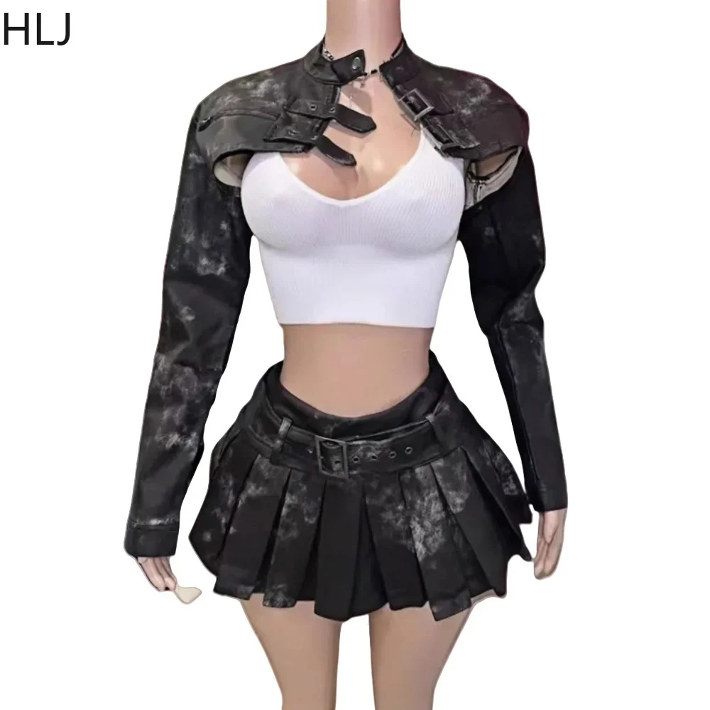 HLJ&GG Balck Fashion Punk Rock Leather Two Piece Sets Women Button Long Sleeve Crop Jacket+Belt Pleated Skirts Outfit Streetwear view 5