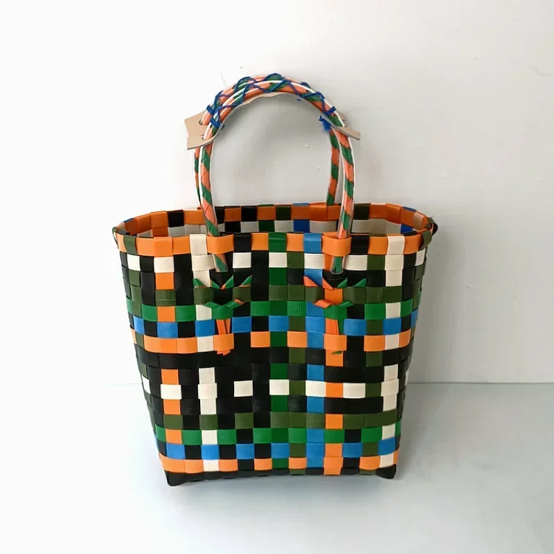 Women Handwoven Color Contrast Plaid Pattern Handbag Small Plastic Woven Tote Bag Causal Beach Holiday Shopping Bag Sacs À Main