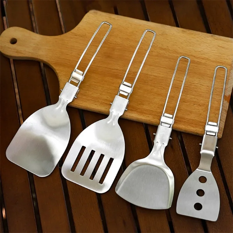 Camping Cooking Utensils Stainless Steel Foldable Spatula Camping Spatula and Spoon Outdoor Picnic Barbecue Travel Tableware