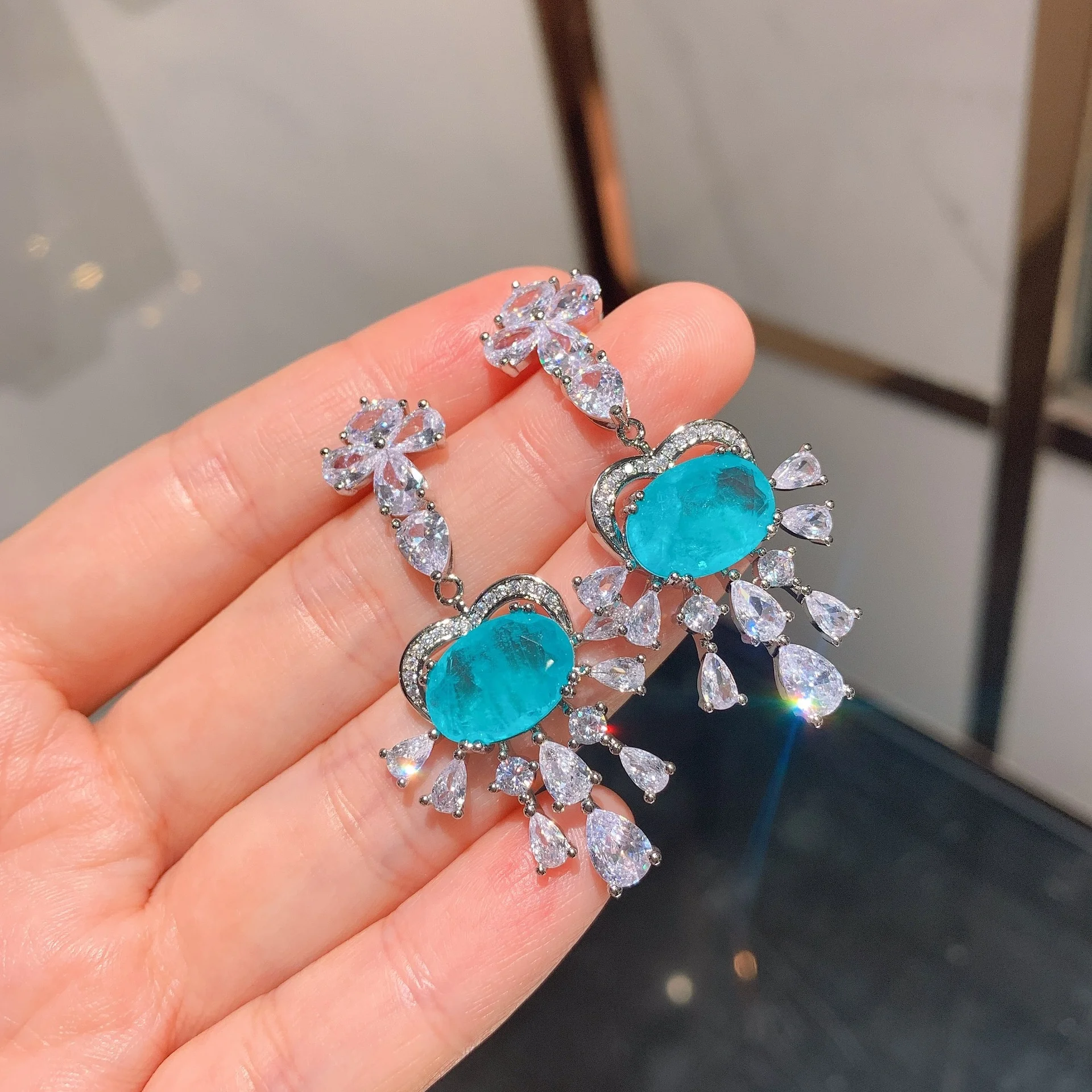 Luxury brand genuine real jewels Online popular live broadcast simulation Paraiba Emerald Main Stone 10 * 14 Earrings high quali