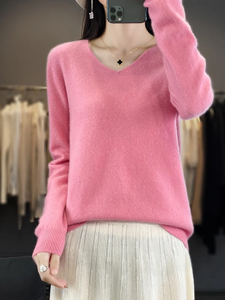 Fashion 100% Merino Wool Sweater Basic Cashmere Women Knitwear Pullover V-Neck Long Sleeve Autumn Winter Clothing Tops