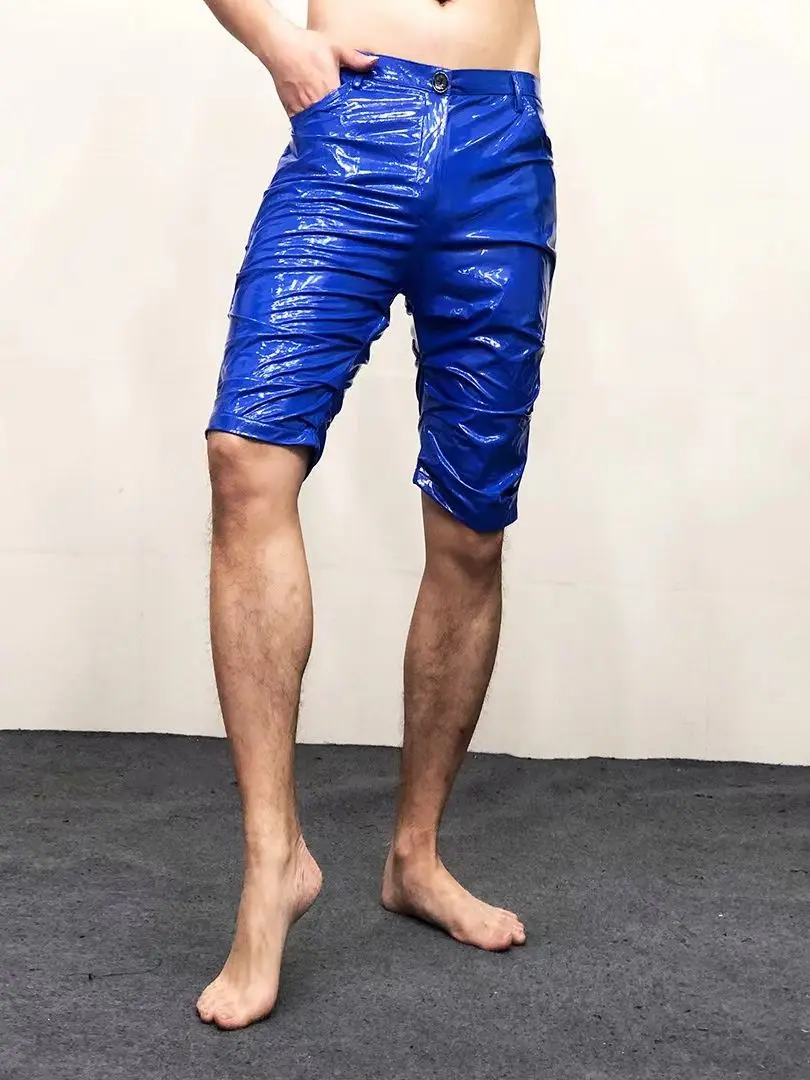 

S-6XL Large Size Men Skinny Motorcycle Leather Shorts Fashion Hip Hop Rock Male Singer Wrinkled Mirror Stretch Slim PU Trousers