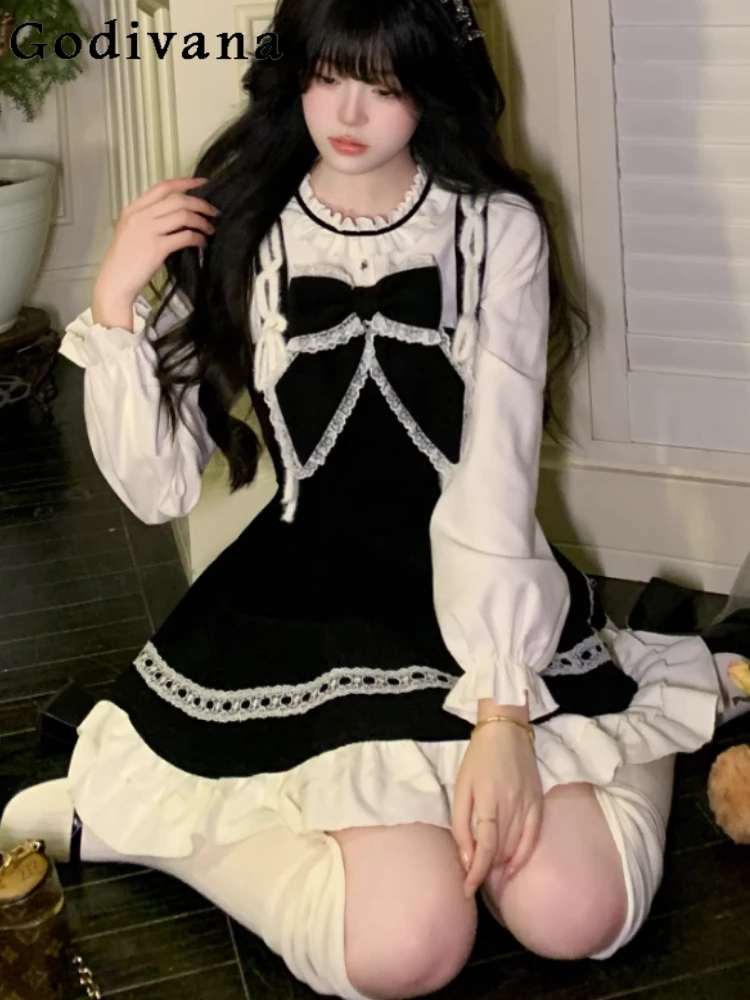 

Autumn New Black White Splicing Fake Two-piece Lace Girl Princess Dress Fashion High Waist A-line Long Sleeve Japanese Dresses