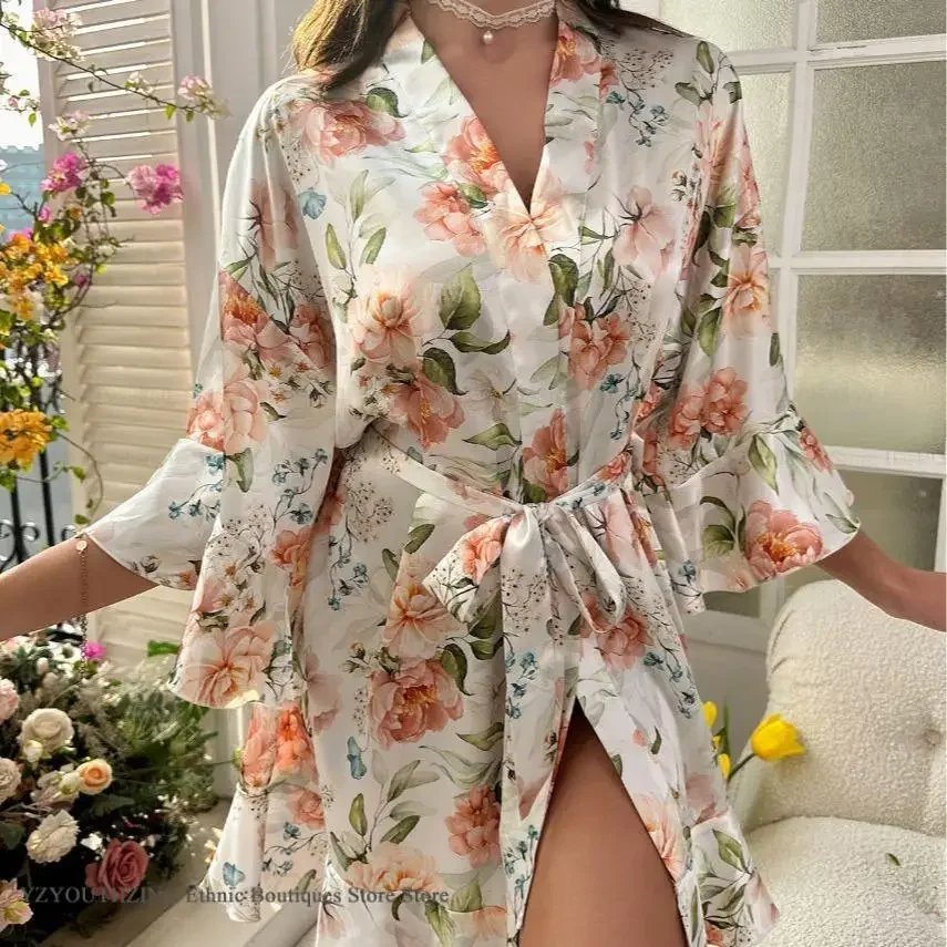 Spring Summer New Women's Sleepwear Robe Print Flower Kimono Bathrobe Gown Loose Night Dress Home Wear Ice Silk Loungewear