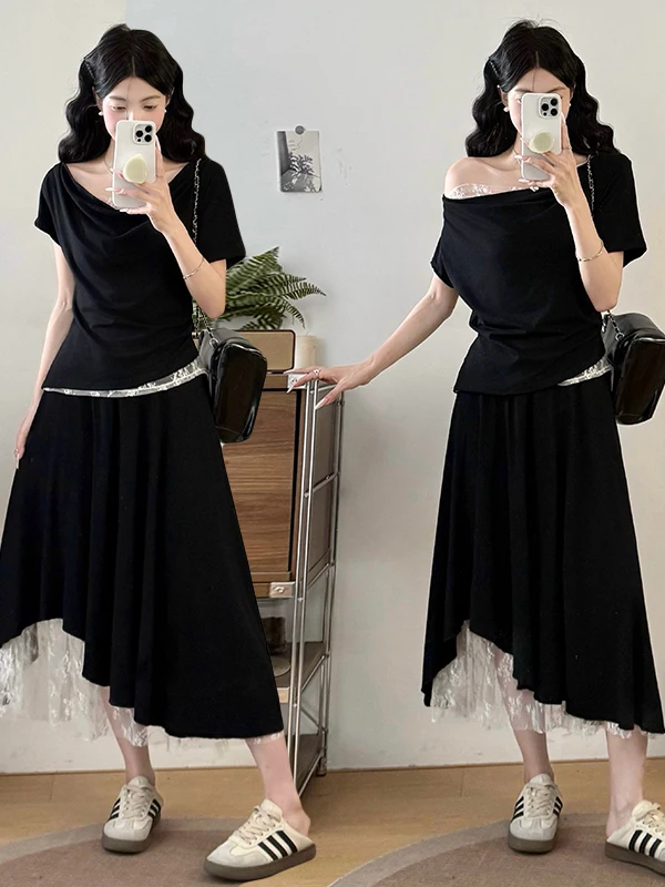 

plus Size Loose Fashionable Summer Lace Trimmed Asymmetrical Skirt And Top Set for plus Size Women Short Sleeve Midi Dress