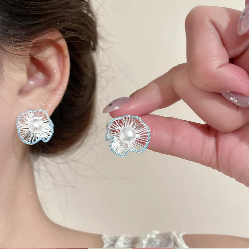 Stud Earrings Blue Flower Hollow Pearl Lightweight Silver Plated Alloy Elegant Modern Unique Dainty Versatile Jewelry for Her