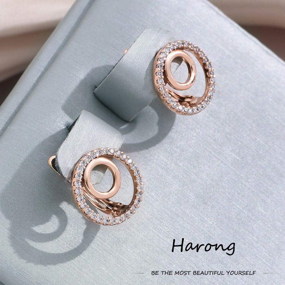 Harong Aesthetics Hollow Crystal Zircon Earrings Jewelry 585 Rose Gold Color Round Earrings for Women Girls Gifts