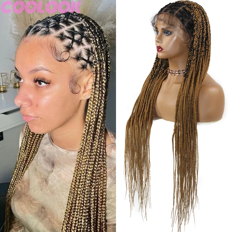 Synthetic Full Lace Braids Wig Ombre Blonde Criss Cross Knotless Heat Resistant Braid Wigs 36'' Lace Front Braided Wig for Women