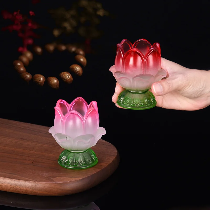 Colorful Glass Butter Lamp Lotus Lamp Holder Decoration Household Windproof Candlestick Buddha for Butter Lamp