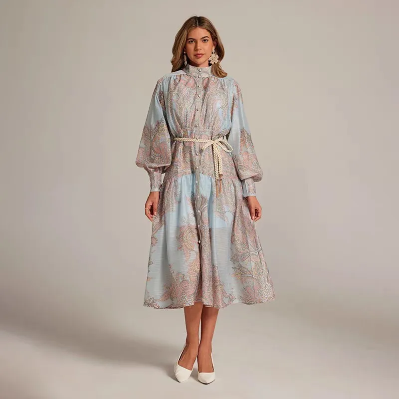 

2025 real shot style vintage printed short sleeve long dress with belt Guangzhou