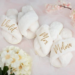 Custom Bride Fluffy Slippers Personalized Bridesmaid Proposal Bridal Shower Gift Wedding Bachelorette Party Spa Fuzzy Slippers