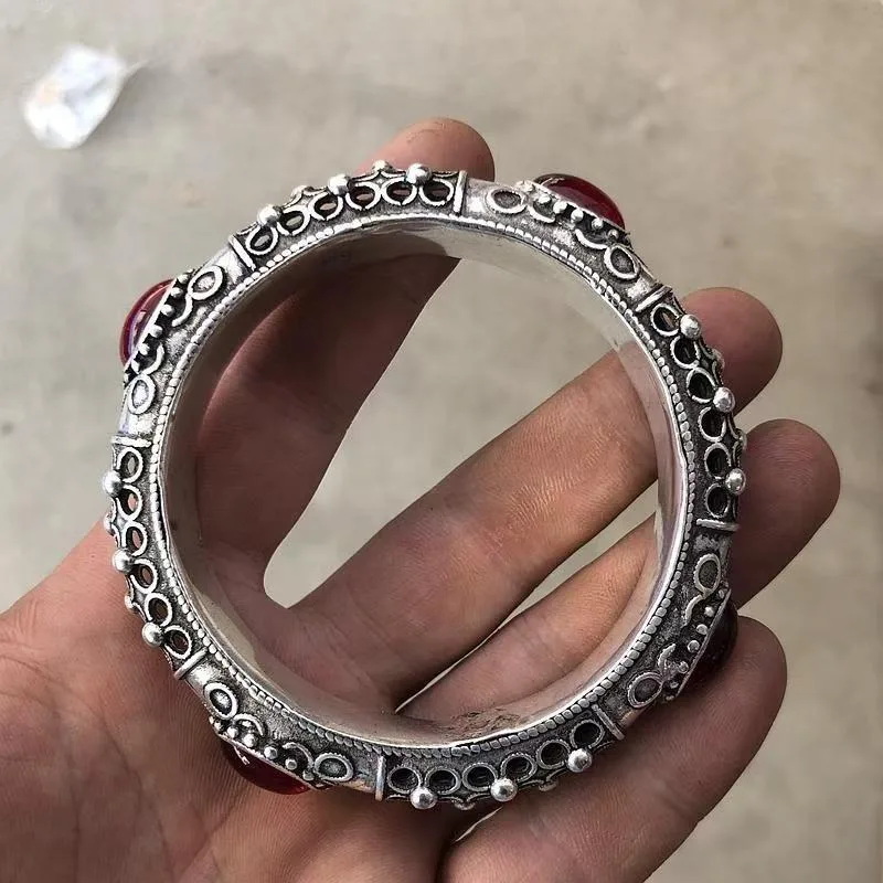 Retro Tibetan Repatriated Miao Silver Bangle Inlaid Red Green Stones Traditional Ethnic Folk Vintage Wrist Accessory
