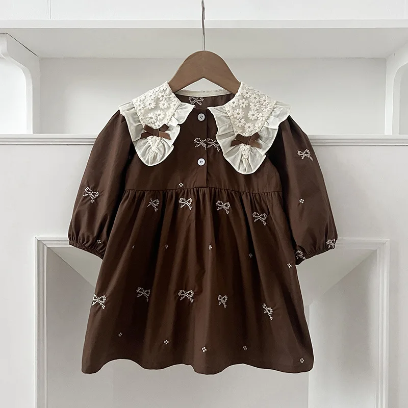 

Autumn One Piece Brown Dress for Baby Girl Doll 1-7Y Children Clothes Girl Long Sleeve Elegant Infant Dress Gown Outfits Dres