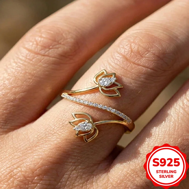 Exquisite and Elegant Authentic S925 Silver Yellow Irregular Winding Hollow Lotus Women's Ring