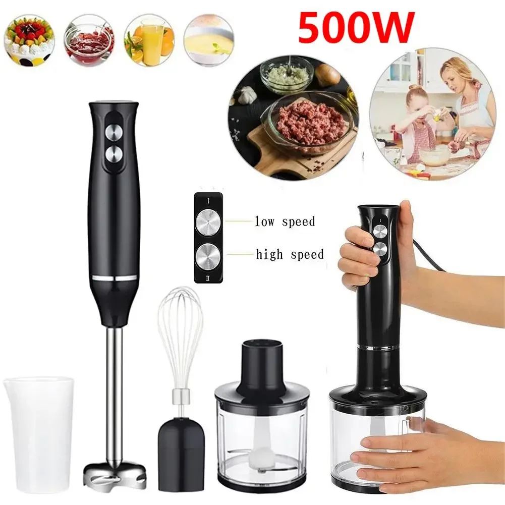 Blender tangan stik elektrik 500W 4 in 1, Set Juicer pengocok telur imersi daging sayuran Stainless Steel 700ml Mixer genggam