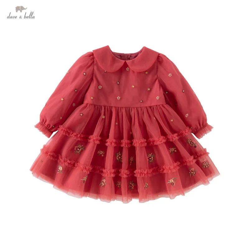 Dave Bella Girls Baby Princess Dress 2025 Spring Sweet Cute Red Embroidery Floral Mesh Dress Party Outdoor New Year DB1250939