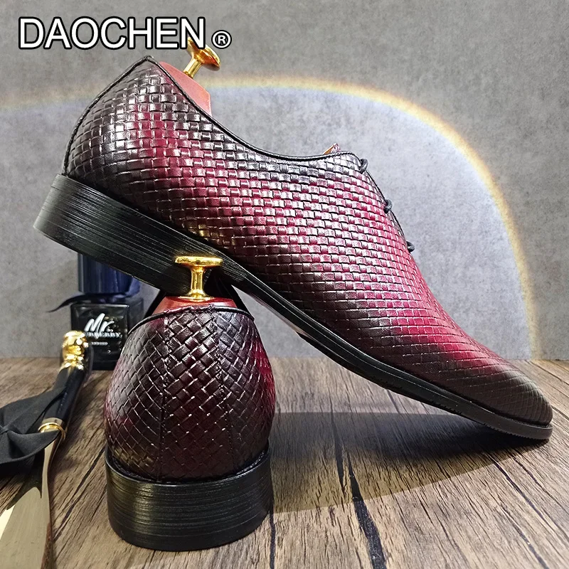 LUXURY MEN LEATHER SHOES RED BLACK LACE UP POINTED WEAVE PRINT CASUAL DRESS MAN SHOE WEDDING OFFICE OXFORD SHOES FOR MEN image 5