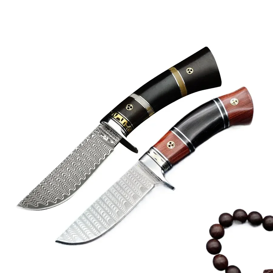 

Damascus Steel Sharp Outdoor Camping Portable Self Defense Knife Red Sandalwood Survival Straight Knife With Real Leather Case