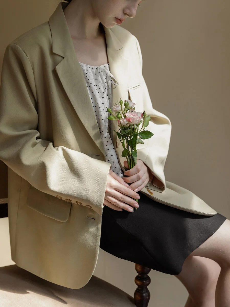 

LLANO Handmade Tailored Women's Suit Jaet with Contrast Stitching Briti Sle Long Sve Sweet Sle Pure Color