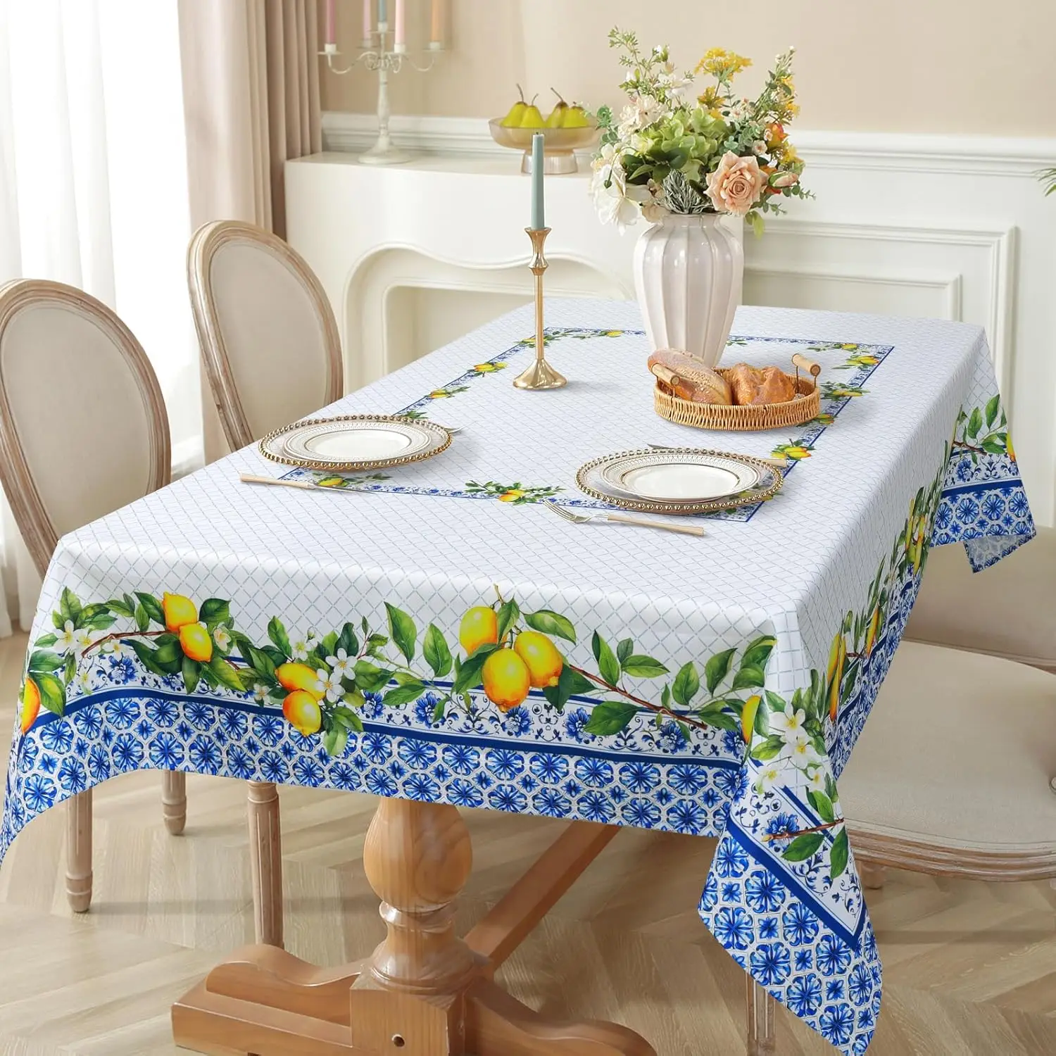 Spring Summer Lemon Blue Printed Waterproof Tablecloths Dining Table Decor Washable Rectangle Plaid Table Cover Home Party Decor