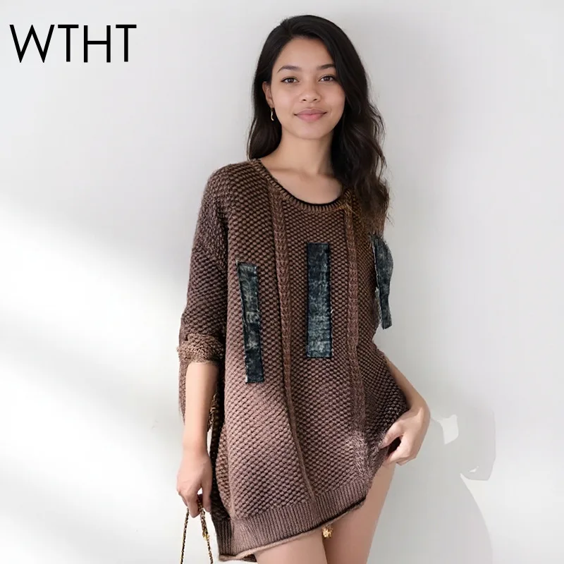 

WTHT винтажные модные женские лоскутные повседневные вязаные пуловеры 2022, зимняя мода, свободный свитер с круглым вырезом и длинными рукавами, женский 1LS2706