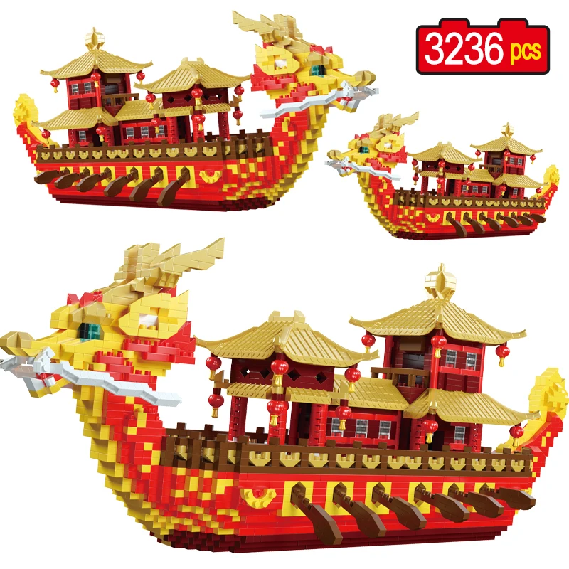 

3236pcs City Chinese Traditional Royal Dragon Boat Architecture Mini Building Blocks Festival Bricks Toys for Children Gifts