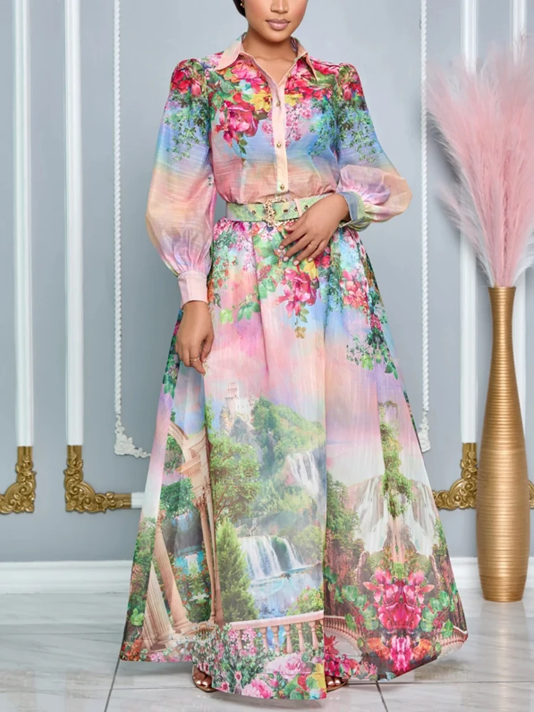 VGH Hit Color Printing Two Piece Set For Women Lapel Long Sleeve Blouses High Waist Loose A Line Skirts Casual Sets Female New