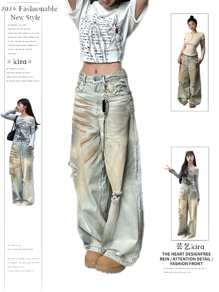 

Summer Ripped High Waist Women Jeans Hip-hop Style Fashion Vintage America Streetwear Y2K Wide Leg Trouser Baggy Denim Pants