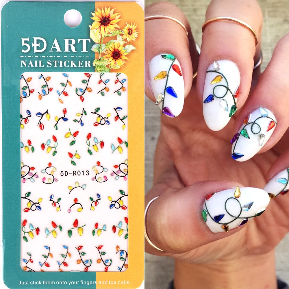 Autocollants pour ongles de noël, 2 pièces, lumières colorées en relief 5D, décalcomanies pour Festivals coulissants, décorations de manucure, fournitures pour ongles