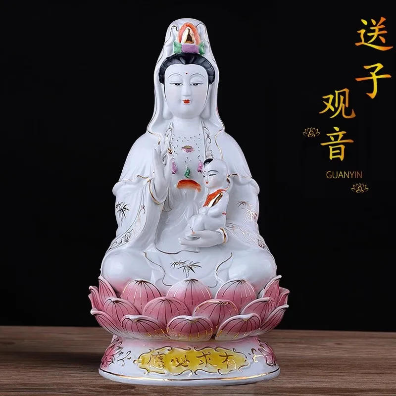 Chinese Ceramic Goddess of Mercy Statue - Fertility Guanyin Bodhisattva, Home Decor Buddha Figurine for Blessing, Pregnancy Wish